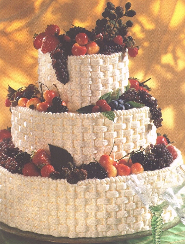 A more formal cake, with fruit and a basketweave frosting